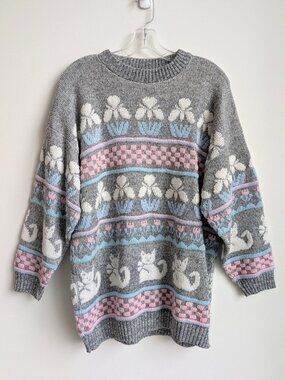 Vintage 80s Pastel Cat and Iris Novelty Knit Sweater, Oversized